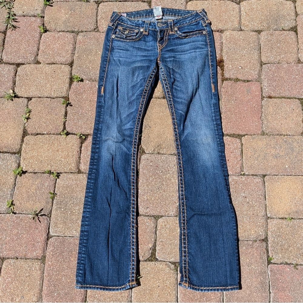 True Religion Becky Super T Dark Blue Flare 27" Embroidered Boot Cut World Tour